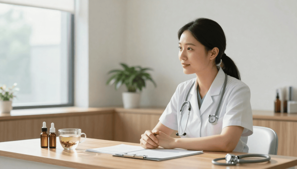 Profesional de la salud en consulta médica integrativa evaluando tratamientos con extractos naturales y fitoterapia.