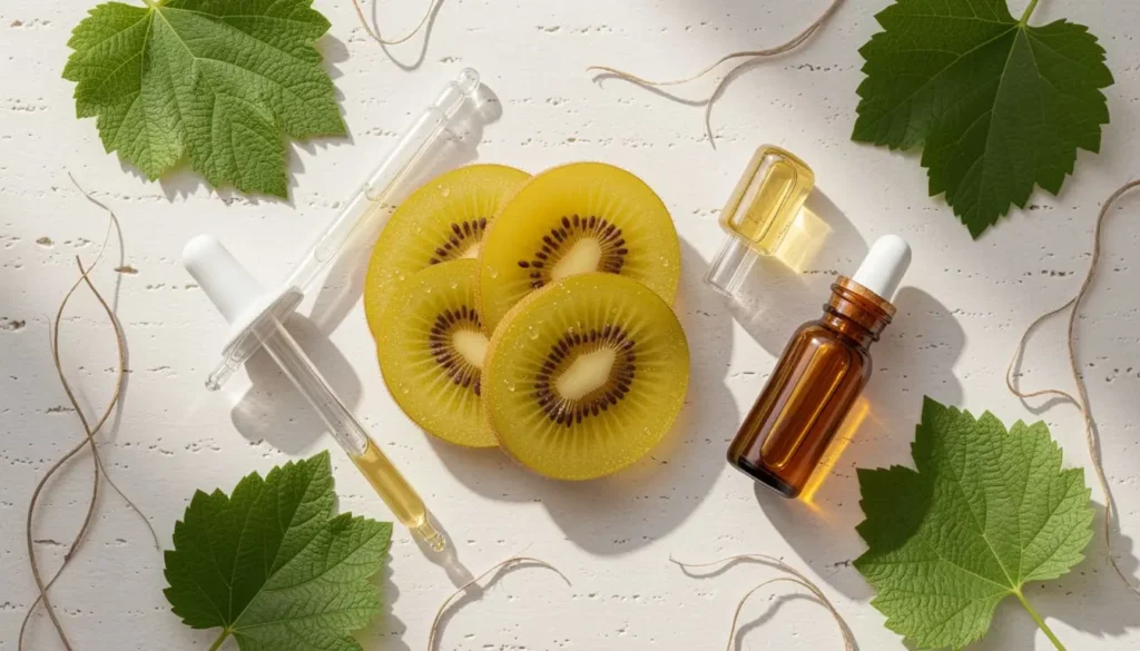 Rodajas de kiwi dorado junto a pipetas de vidrio con extracto de polifenoles y matriz de fibra soluble.