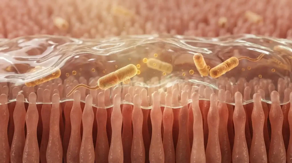 Microvellosidades de la barrera intestinal cubiertas por la capa de mucina MUC2 transparente con bacterias Propionibacterium freudenreichii.