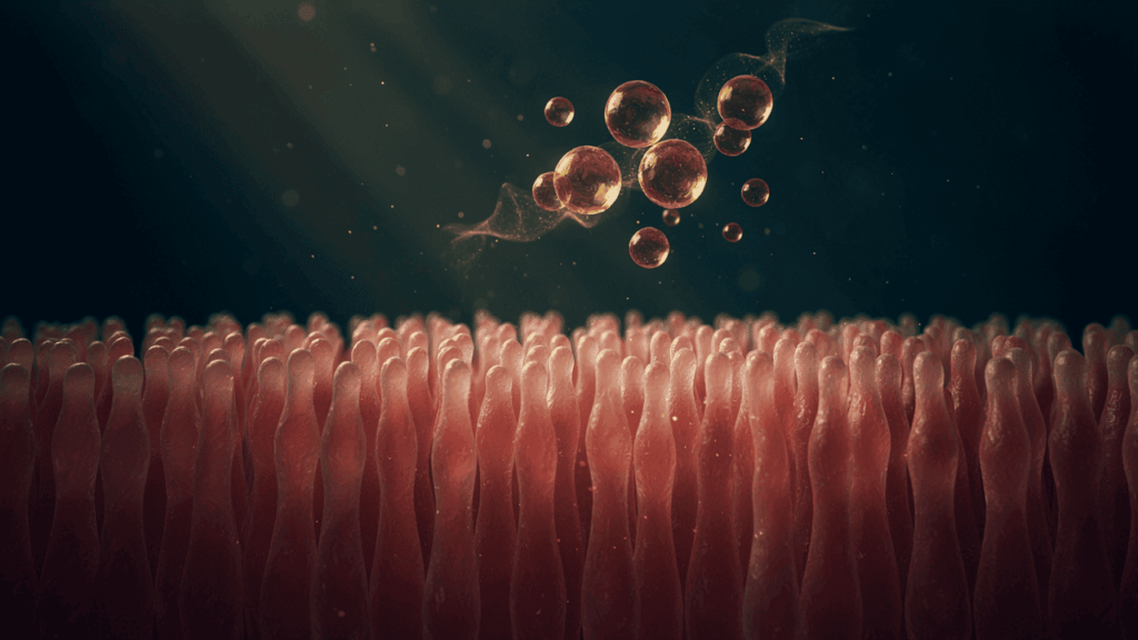 Iluminación científica de microvellosidades intestinales liberando metabolitos postbióticos y ácidos grasos de cadena corta.