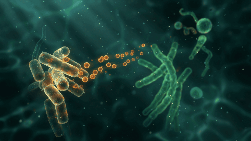 Render microscópico de la secreción de proteínas de superficie SlpB y vesículas por Propionibacterium freudenreichii.