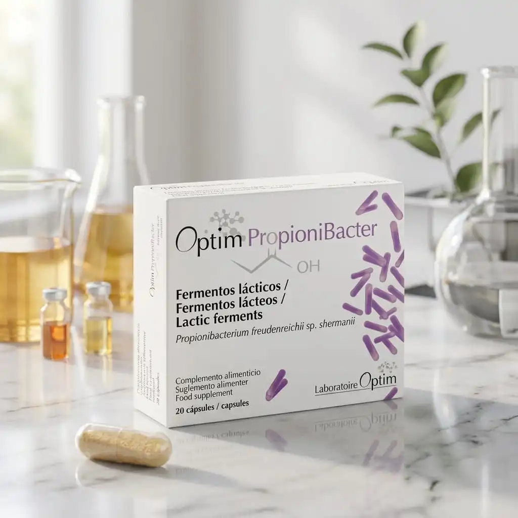 Caja de Optim PropioniBacter junto a una cápsula y material de laboratorio sobre superficie de mármol.
